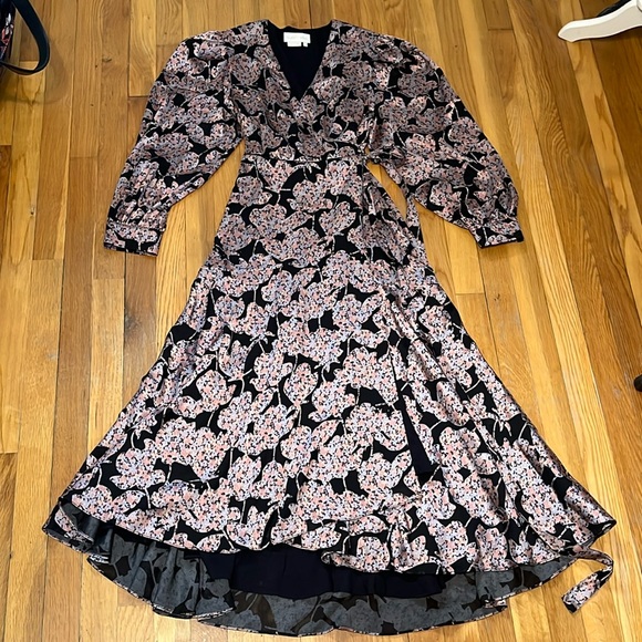 ANTHROPOLOGIE Caballero Pink & Black Motif Floral Wrap Long Sleeve Dress Large - Picture 7 of 15